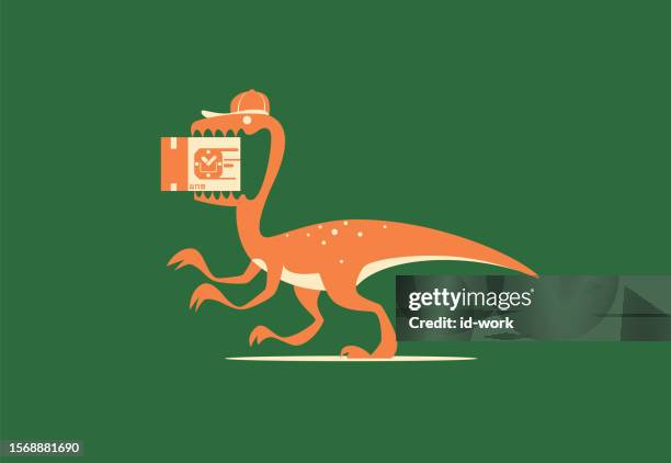 stockillustraties, clipart, cartoons en iconen met courier velociraptor carrying parcel and running - jogger face