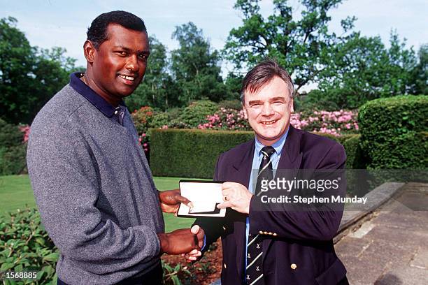 Vijay Singh of Fiji is awarded Honorary Life Membership of The European Tour by Ken Schofield, Executive Director of the PGA Europoean Tour, before...
