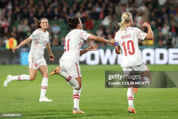 Denmark's forward Pernille Harder celebrates scoring her team's first goal during the Australia and New Zealand 2023 Women's World Cup Group D...