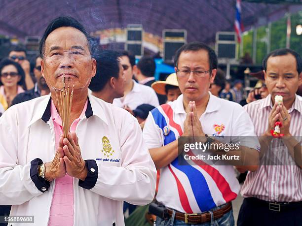 Gen Boonlert "Seh Ai" KaewprasitÊleader of Pitak Siam, participates in a Brahmin blessing ceremony during a large anti government protest on November...