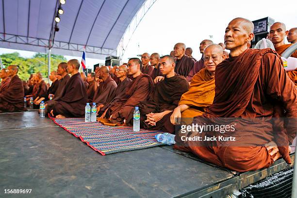 Buddhist monks leading a chanting ceremony to start a large anti government protest on November 24, 2012 in Bangkok, Thailand. The Siam Pitak group,...