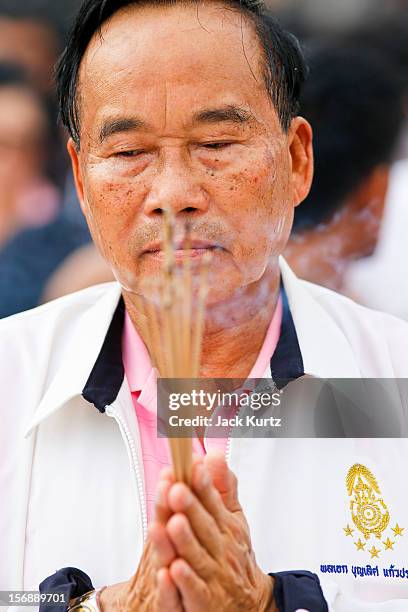 Gen Boonlert "Seh Ai" KaewprasitÊleader of Pitak Siam, participates in a Brahmin blessing ceremony during a large anti government protest on November...