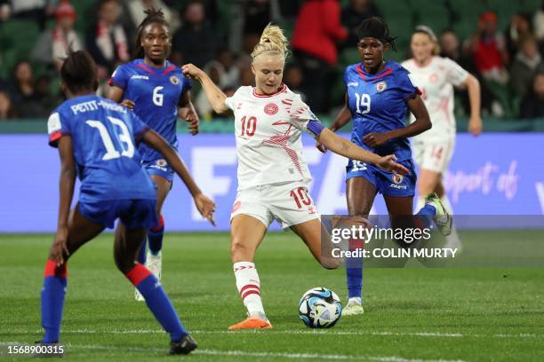 Denmark's forward Pernille Harder shoots the ball during the Australia and New Zealand 2023 Women's World Cup Group D football match between Haiti...