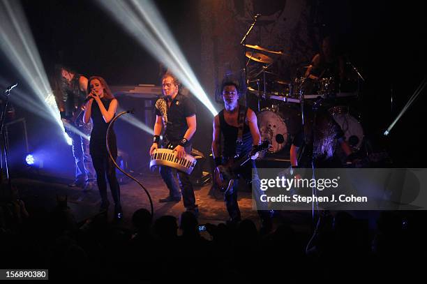 Mark Jansen, Coen Janssen, Simone Simons, Ariën van Weesenbeek, Isaac Delahaye, and Rob van der Loo of Epica performs in concert at Headliners Music...