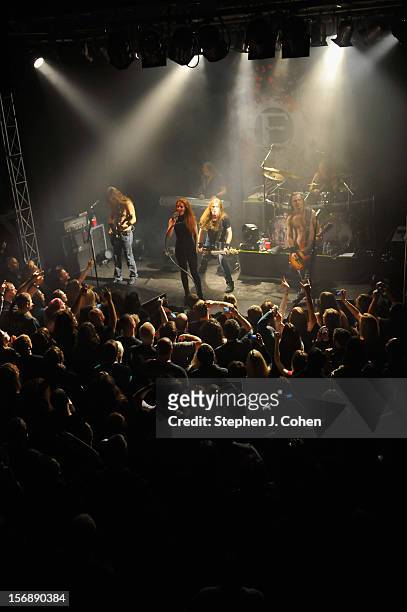 Mark Jansen, Coen Janssen, Simone Simons, Ariën van Weesenbeek, Isaac Delahaye, and Rob van der Loo of Epica performs in concert at Headliners Music...