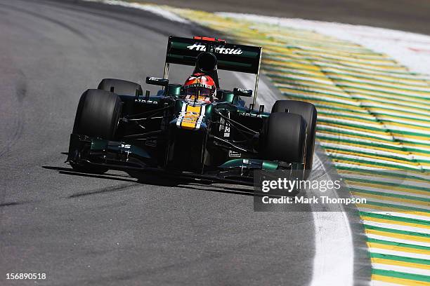 Heikki Kovalainen of Finland and Caterham drives during practice for the Brazilian Formula One Grand Prix at the Autodromo Jose Carlos Pace on...