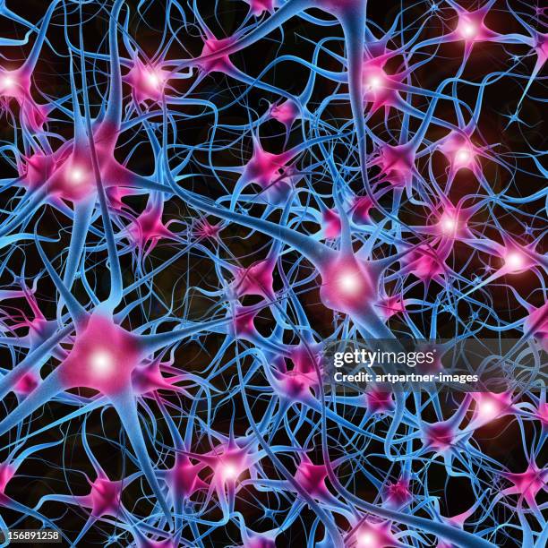 neurons transmitting information - nervenzelle stock-grafiken, -clipart, -cartoons und -symbole