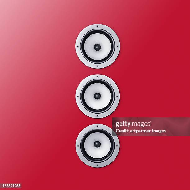 3 loudspeaker / speaker on a red wall - boom box stock-fotos und bilder