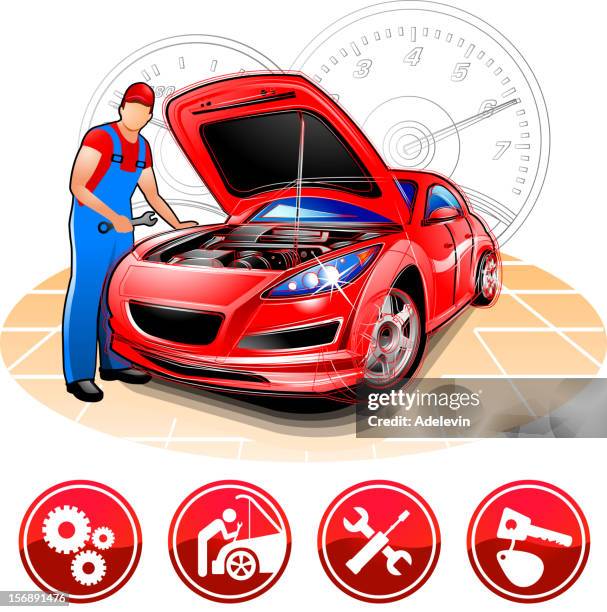 auto mechaniker in repair shop - autowerkstatt gegenlicht stock-grafiken, -clipart, -cartoons und -symbole