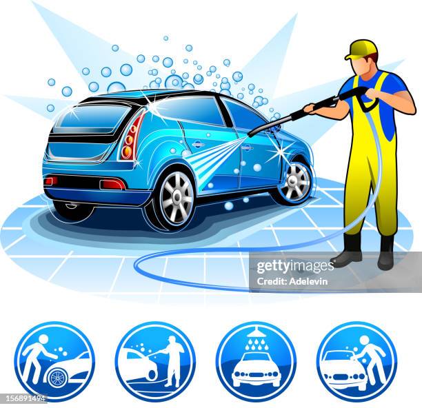 guy washing car brands battle - man cleaning car silhouette stock illustrations