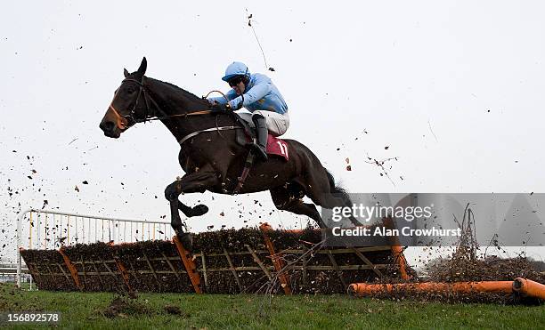 Danny Cook riding Yesyoucan clear the last to win the Try Racing Fixed Odds On Betfair Handicap Hurdle Race at Haydock racecourse on November 24,...