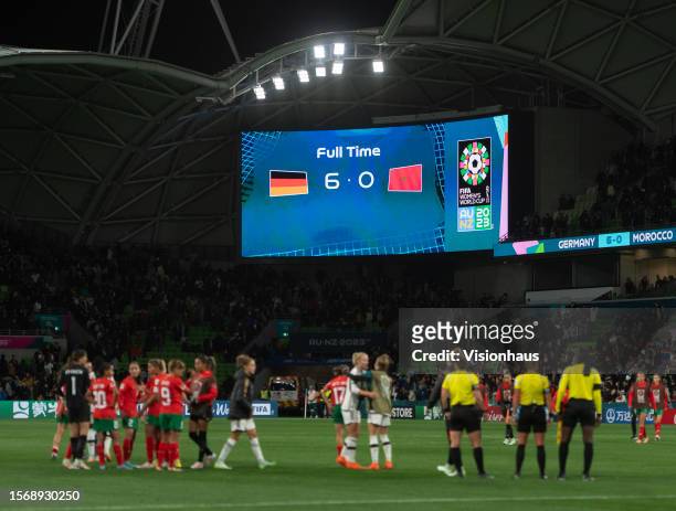 The full time score of 6-0 displayed on a screen following the FIFA Women's World Cup Australia & New Zealand 2023 Group H match between Germany and...