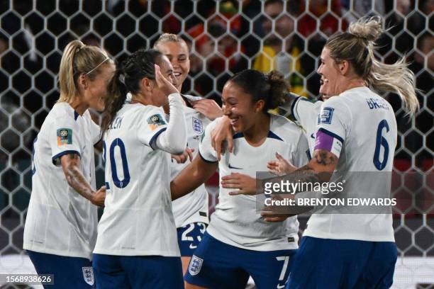 England's forward Lauren James celebrates with her teammates after scoring her team's third goal during the Australia and New Zealand 2023 Women's...