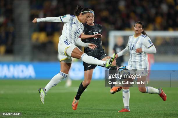 Hali Long of Philippines and Hannah Wilkinson of New Zealand compete for the ball during the FIFA Women's World Cup Australia & New Zealand 2023...