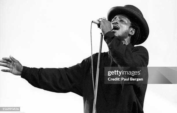 25th JUNE: Brinsley 'Dan' Forde from reggae group Aswad performs live on stage at Parkpop in The Hague, Netherlands on 25th June 1989.