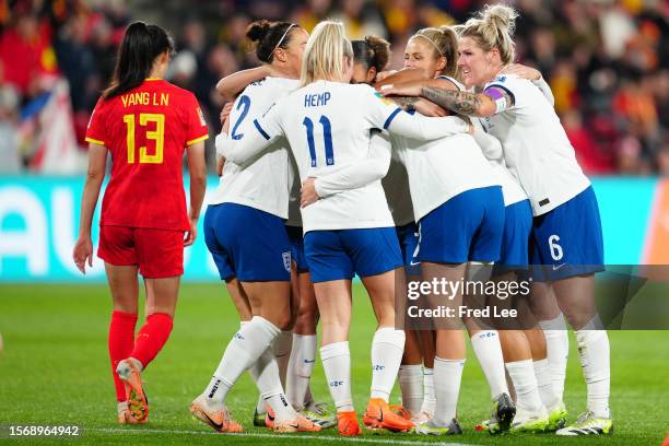 Lauren James of England celebrates with teammates after scoring a goal which is later disallowed following a VAR review during the FIFA Women's World...