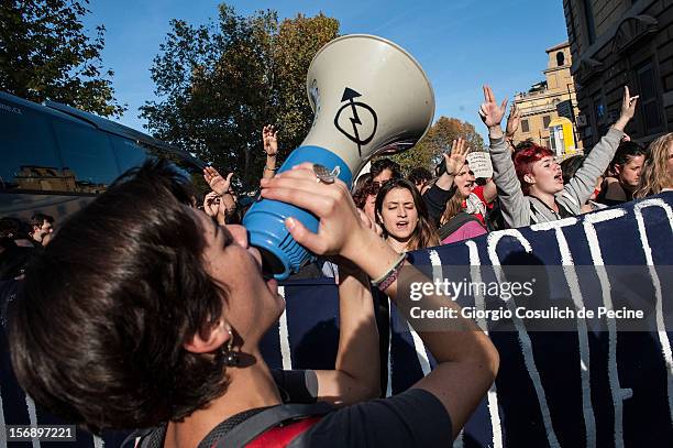 Students protest during a national general strike against the austerity policy in Europe on November 24, 2012 in Rome, Italy. Students in Italian...