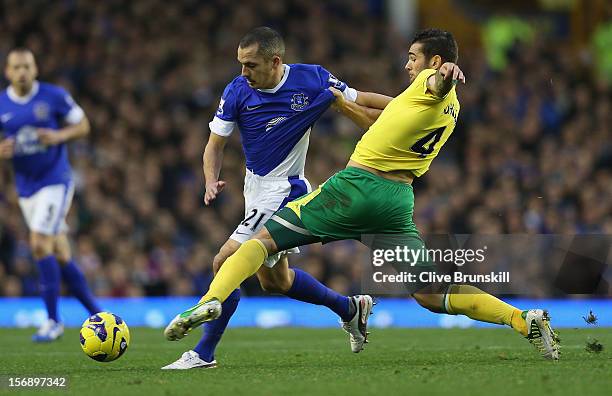 Leon Osman of Everton holds off a challenge from Bradley Johnson of Norwich City during the Barclays Premier League match between Everton and Norwich...