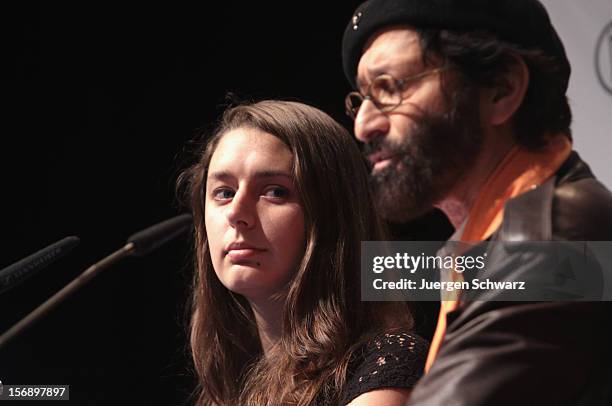 Katharina Nocum and Meinhart Kriscke Ramaswamy attend the federal party convention of the German Pirates Party on November 24, 2012 in Bochum,...