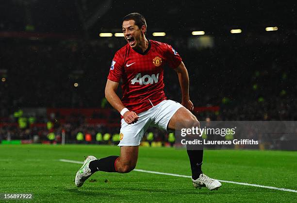 Javier Hernandez of Manchester United celebrates scoring his team's third goal to make the score 3-1 during the Barclays Premier League match between...