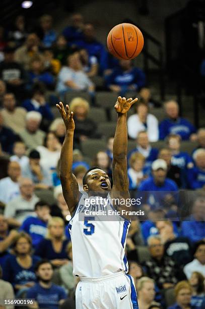 Josh Jones of the Creighton Bluejays takes a shot over thePresbyterian Blue Hose during their game at CenturyLink Center on November 18, 2012 in...