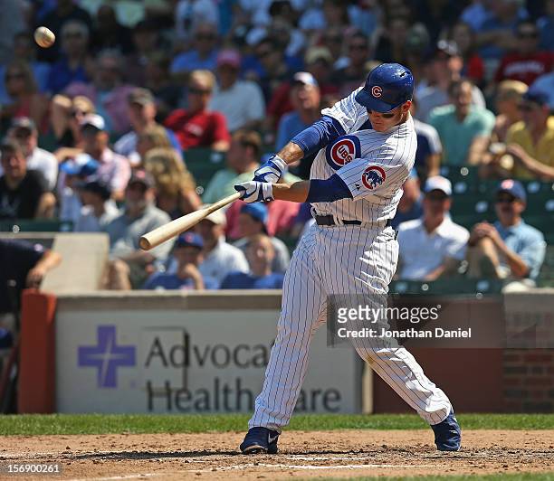 Anthony Rizzo of the Chicago Cubs bats against the Colorado Rockies at Wrigley Field on August 24, 2012 in Chicago, Illinois. The Cubs defeated the...