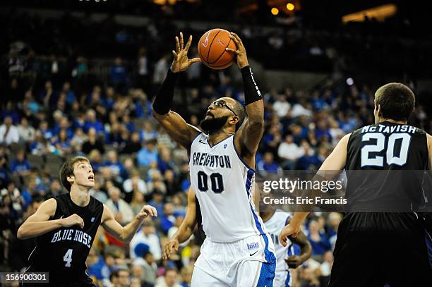 Gregory Echenique of the Creighton Bluejays grabs a rebound during their game against the Presbyterian Blue Hose at CenturyLink Center on November...