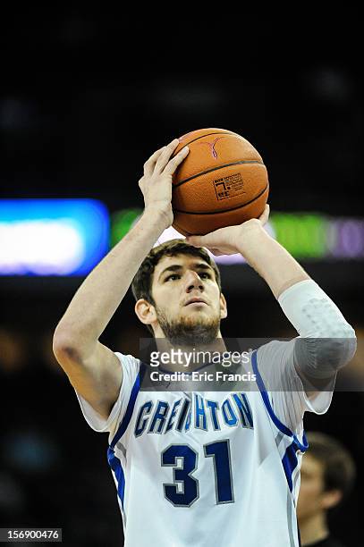 Will Artino of the Creighton Bluejays shoots free throws during their game against the Presbyterian Blue Hose at CenturyLink Center on November 18,...