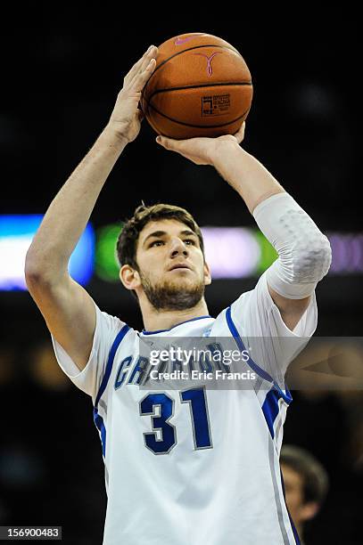 Will Artino of the Creighton Bluejays shoots free throws during their game against the Presbyterian Blue Hose at CenturyLink Center on November 18,...