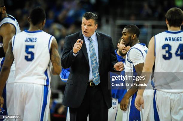 Head coach Greg McDermott of the Creighton Bluejays talks to his team during their game against the Presbyterian Blue Hose at CenturyLink Center on...