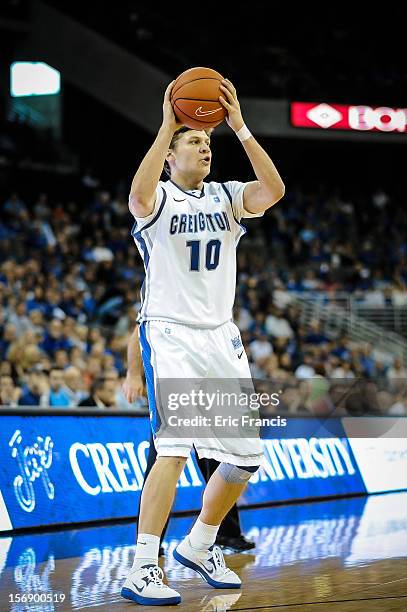 Grant Gibbs of the Creighton Bluejays looks for a teammate during their game against the Presbyterian Blue Hose at CenturyLink Center on November 18,...