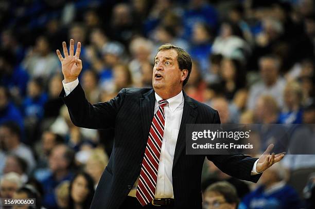 Head coach Gregg Nibert of the Presbyterian Blue Hose reacts during the game against the Creighton Bluejays at CenturyLink Center on November 18,...