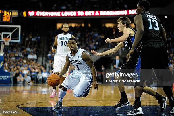 Austin Chatman of the Creighton Bluejays dribbles through the Presbyterian Blue Hose during their game at CenturyLink Center on November 18, 2012 in...