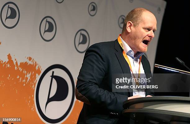 Bernd Schloemer, chairman of the Pirate Party addresses a party congress in Bochum, western Germany, on November 24, 2012. The Pirate Party is...