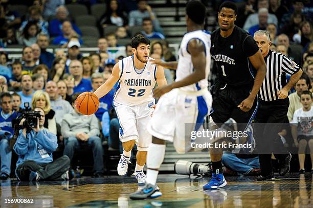 Avery Dingman of the Creighton Bluejays brings the ball up court during their game against the Creighton Bluejays at CenturyLink Center on November...