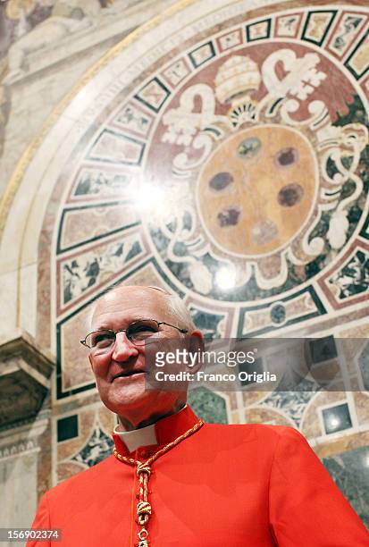 Newly appointed cardinal James M. Harvey poses during the courtesy visits at the Sala del Trono Hall at the end of the concistory held by Pope...