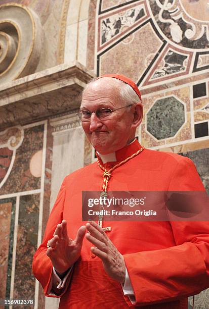 Newly appointed cardinal James M. Harvey poses during the courtesy visits at the Sala del Trono Hall at the end of the concistory held by Pope...