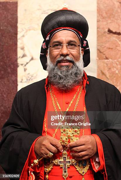 Newly appointed cardinal Baselios Cleemis Thottunkal poses during the courtesy visits at the Sala del Trono Hall at the end of the concistory held by...