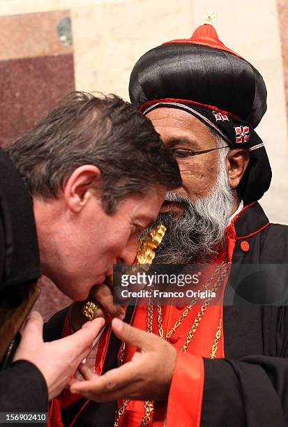 Newly appointed cardinal Baselios Cleemis Thottunkal receives congratulations during the courtesy visits at the Sala del Trono Hall at the end of the...