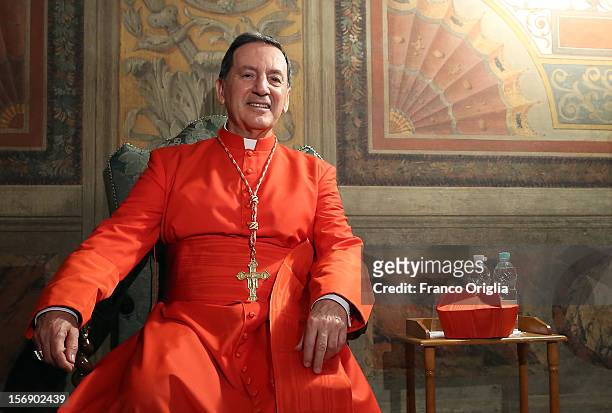Newly appointed cardinal Ruben Salazar Gomez, archbishop of Bogota, poses during the courtesy visits at the Sala Regia Hall at the end of the...