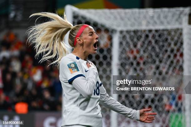 England's forward Chloe Kelly celebrates scoring her team's fifth goal during the Australia and New Zealand 2023 Women's World Cup Group D football...