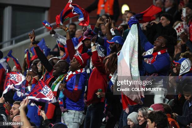 Supporters of Haiti are seen during the Australia and New Zealand 2023 Women's World Cup Group D football match between Haiti and Denmark at Perth...