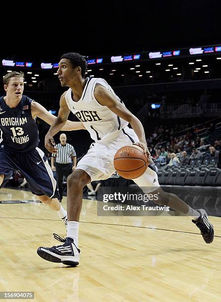 Cameron Biedscheid of the Notre Dame Fighting Irish handles the ball against the Brigham Young Cougars during the consolation game of the Coaches Vs....