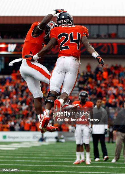 Storm Woods of the Oregon State Beavers celebrates a touchdown run with Brandin Cooks against the Oregon Ducks during the 116th Civil War on November...