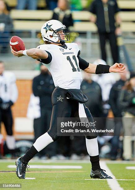 Quarterback Jordan Rodgers of the Vanderbilt Commodores passes the ball against the Wake Forest Demon Deacons at BB&T Field on November 24, 2012 in...