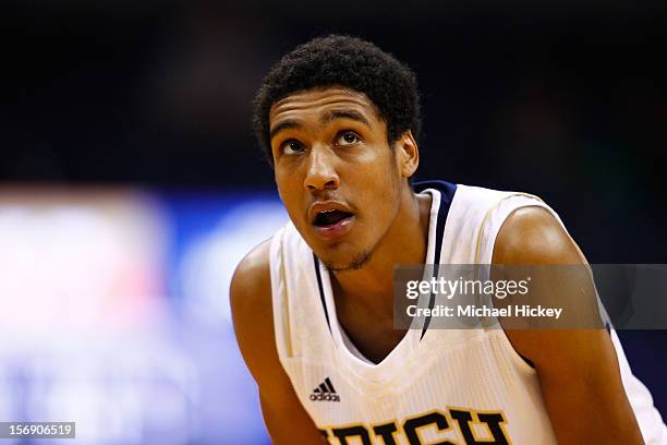 Cameron Biedscheid of the Notre Dame Fighting Irish watches free throws against against the George Washington Colonials at Purcel Pavilion on...