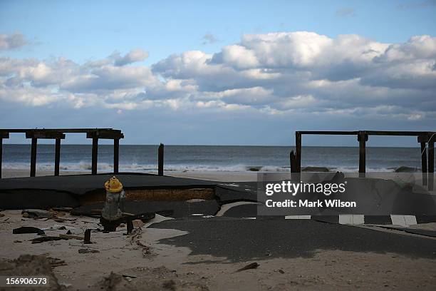 Pilings are all that remains of the boardwalk damaged by Superstorm Sandy, on November 24, 2012 in Ortley Beach, New Jersey. New Jersey Gov. Christie...