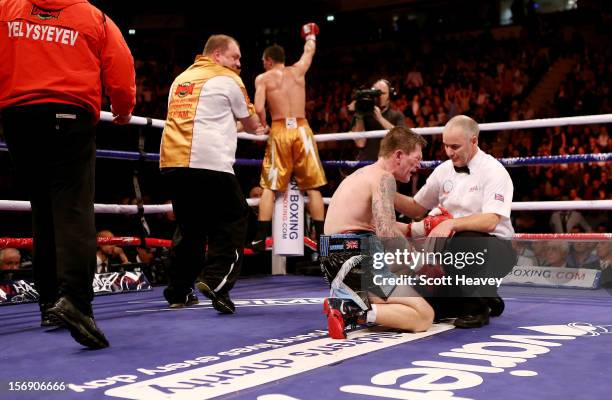 Ricky Hatton of Great Britainfails to get up after being knocked down by Vyacheslav Senchenko of Ukraine during their Welterweight bout at the MEN...