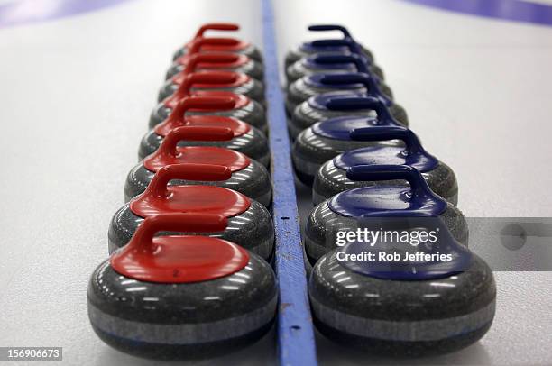 General view of curling stones during the Pacific Asia 2012 Curling Championship at the Naseby Indoor Curling Arena on November 25, 2012 in Naseby,...