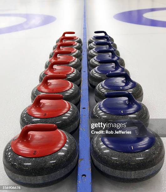 General view of curling stones during the Pacific Asia 2012 Curling Championship at the Naseby Indoor Curling Arena on November 25, 2012 in Naseby,...